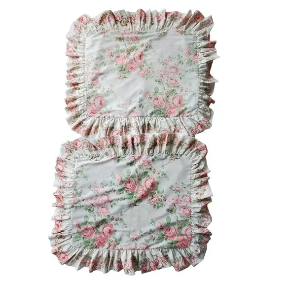 Laura Ashley VTG Set (2) Pink Country Roses Standard Large Ruffle Pillow Shams